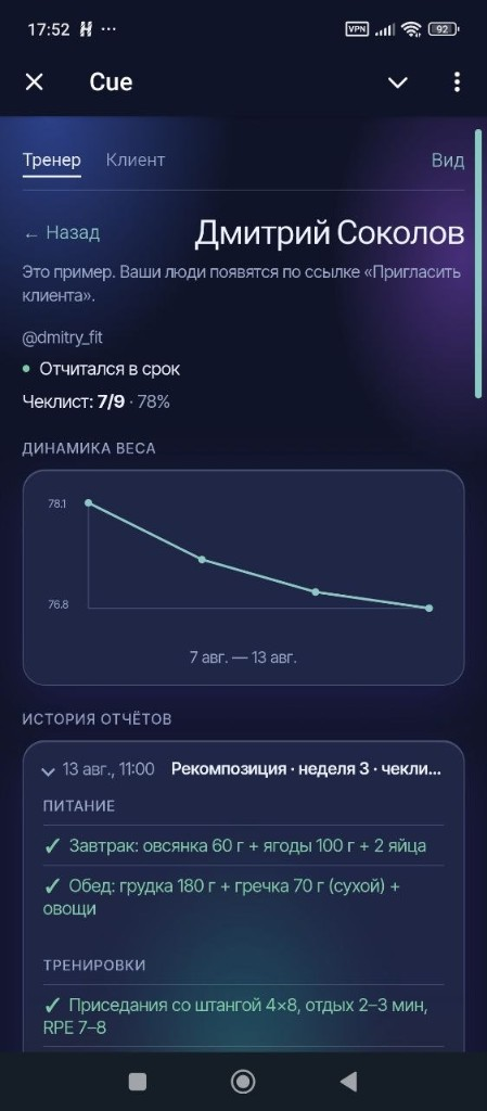 Карточка клиента: в срок, график веса и отчёт с чеклистом